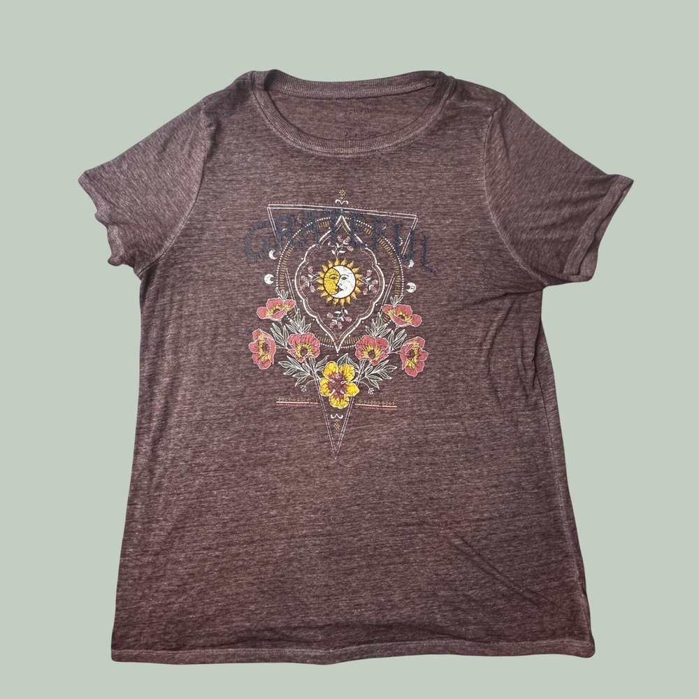 Torrid T-shirt Womens 1 Celestial Sun Moon Floral Heather Brown Boho Graphic Tee